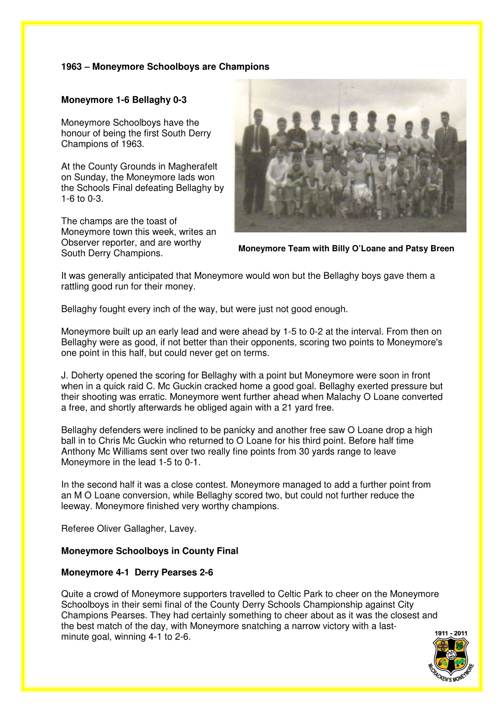 1963 – Moneymore Schoolboys Are Champions