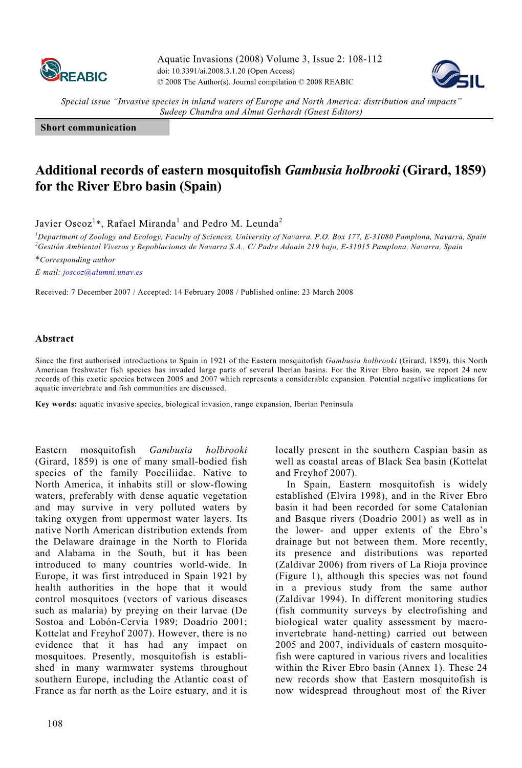 Additional Records of Eastern Mosquitofish Gambusia Holbrooki (Girard, 1859) for the River Ebro Basin (Spain)