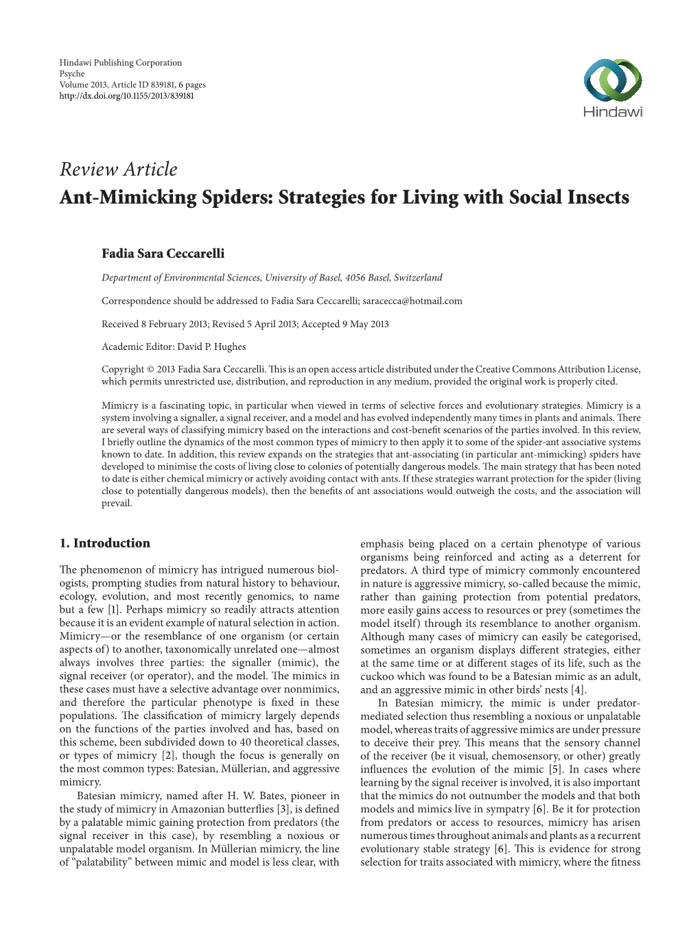 Review Article Ant-Mimicking Spiders: Strategies for Living with Social Insects