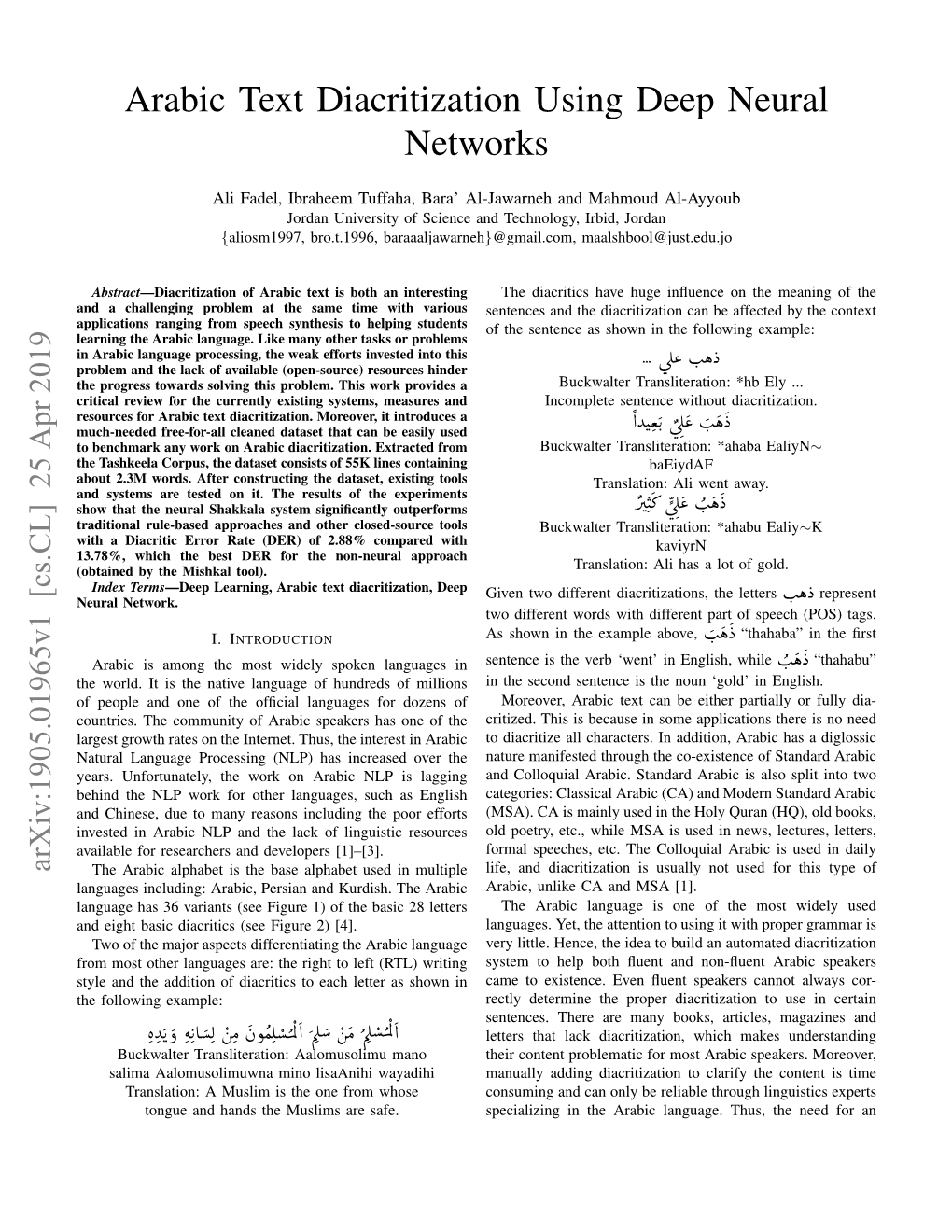 Arabic Text Diacritization Using Deep Neural Networks