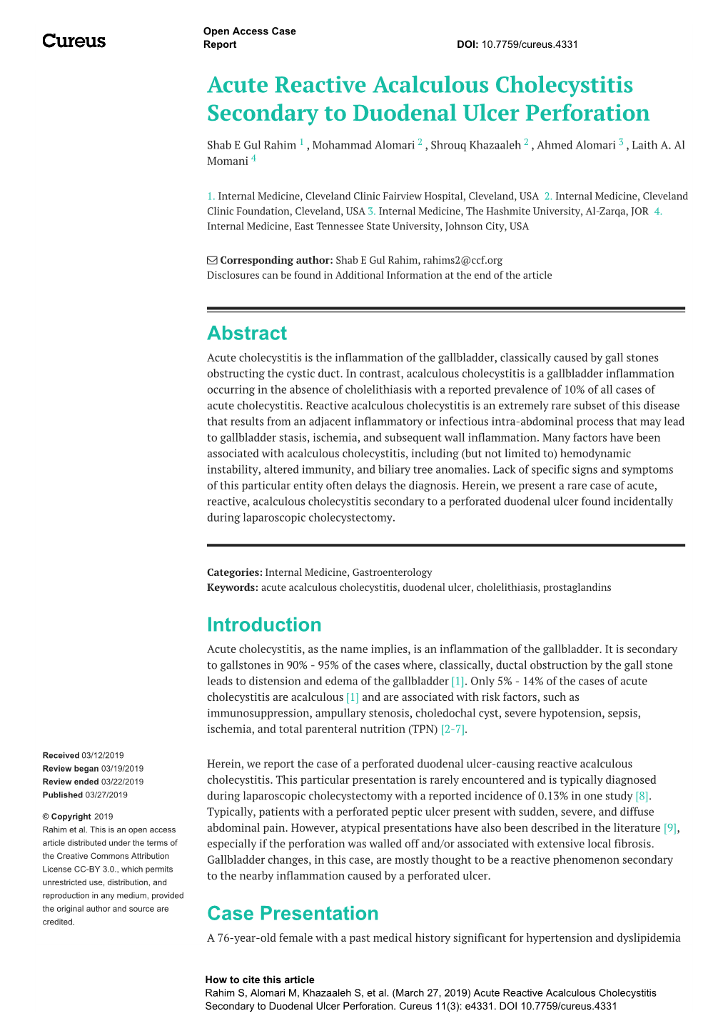 Acute Reactive Acalculous Cholecystitis Secondary to Duodenal Ulcer Perforation