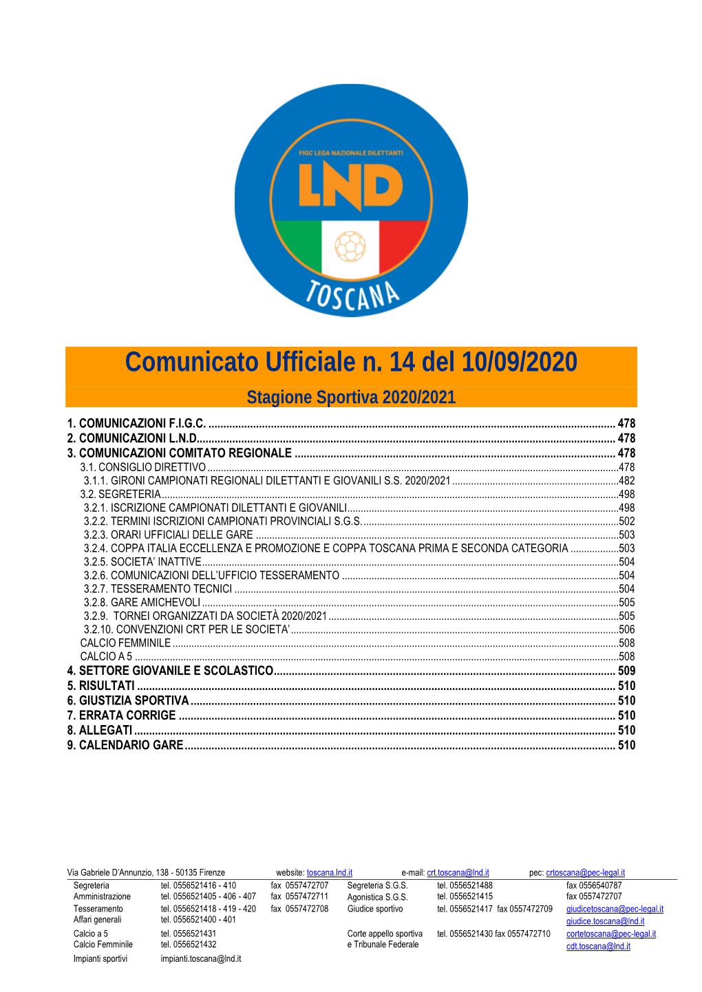 Comunicato Ufficiale N. 14 Del 10/09/2020