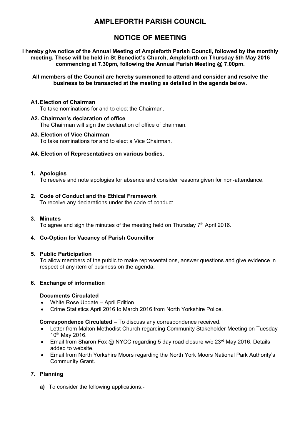 Agenda for Ampleforth Parish Council Meeting to Be Held in the Village Hall on Wednesday 16Th November at 7