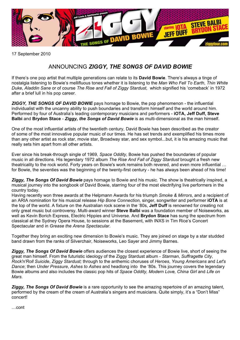 Announcing Ziggy, the Songs of David Bowie