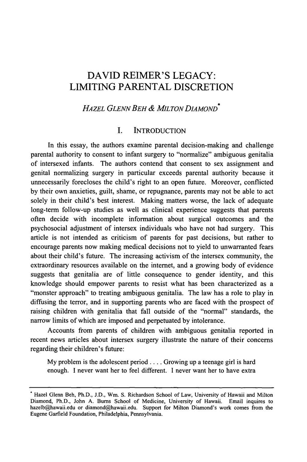 David Reimer's Legacy: Limiting Parental Discretion