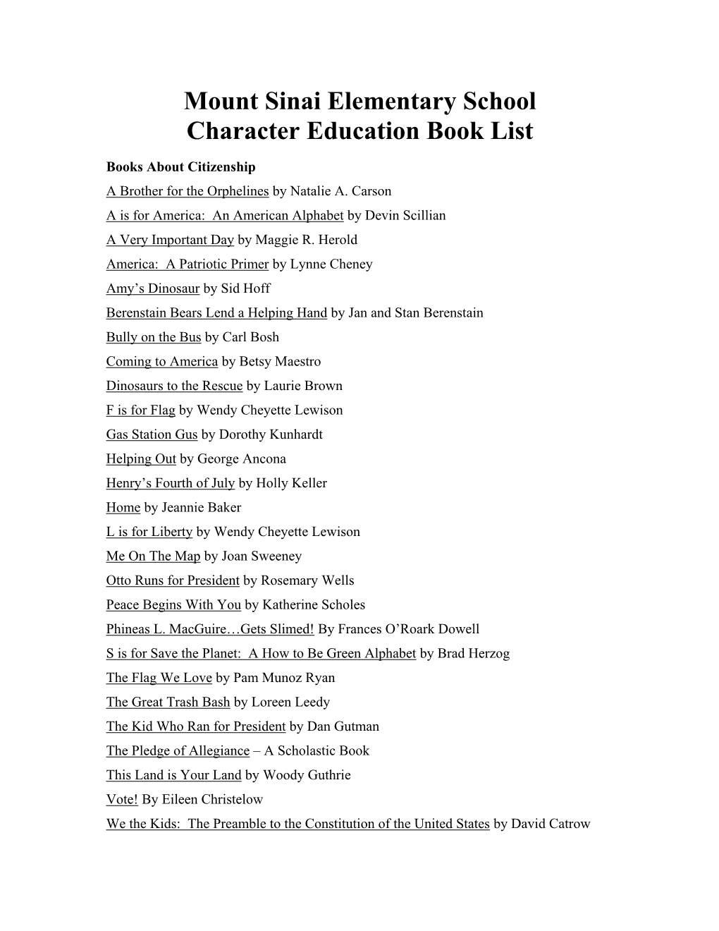 Mount Sinai Elementary School Character Education Book List
