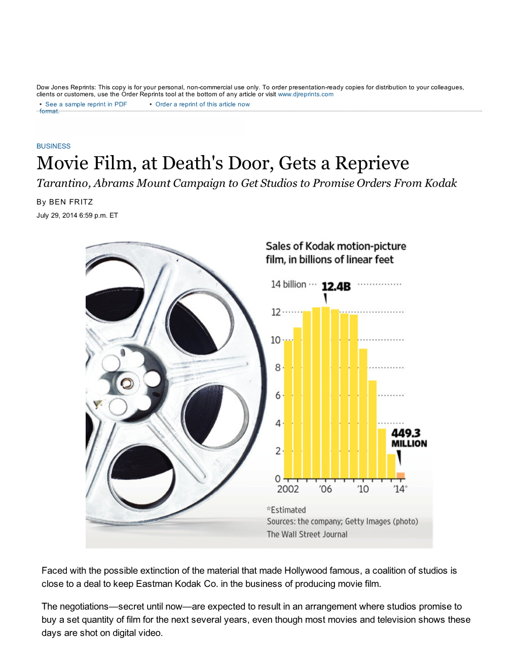 Kodak Movie Film, at Death's Door, Gets a Reprieve