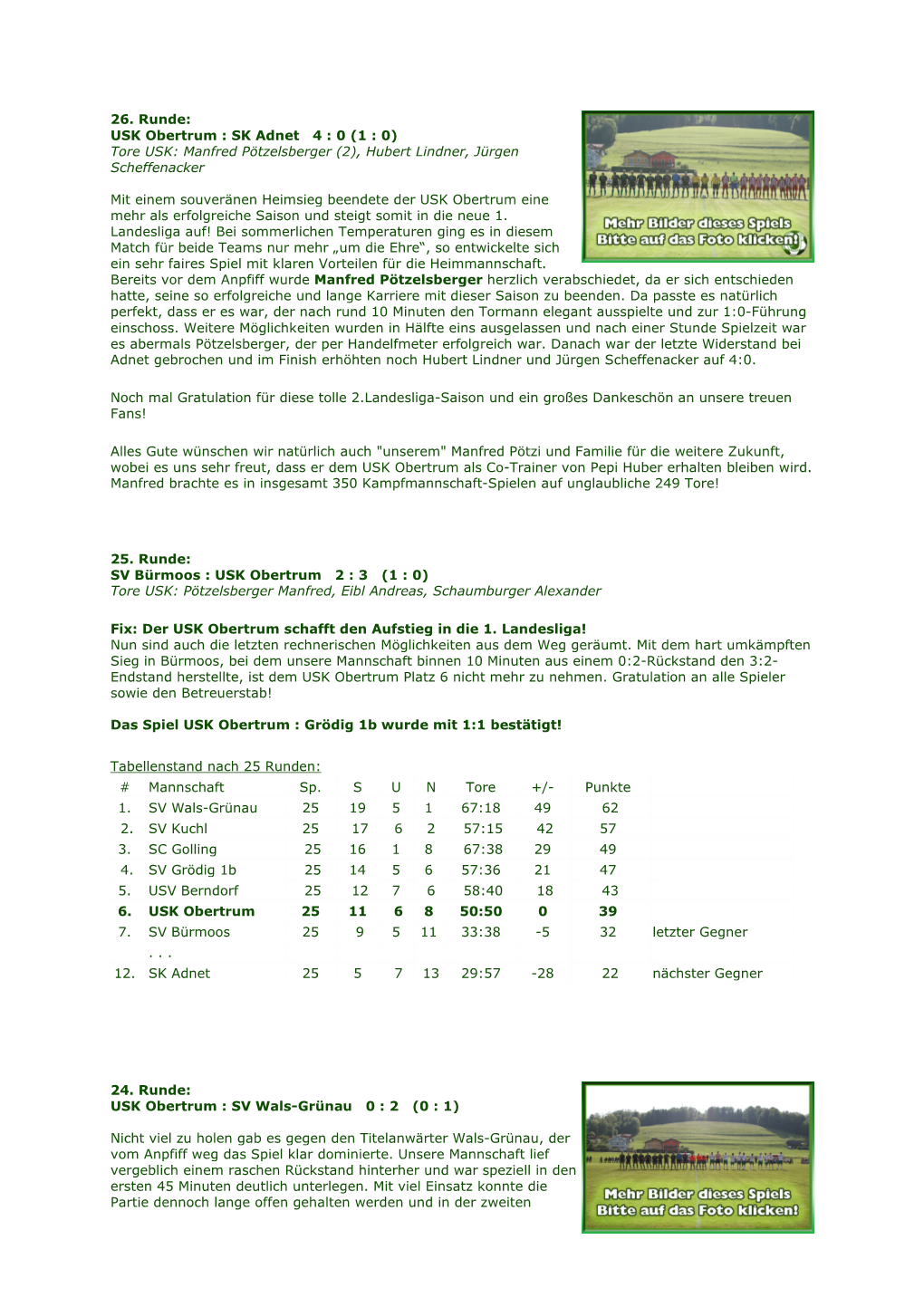 26. Runde: USK Obertrum : SK Adnet 4 : 0 (1 : 0) Tore USK: Manfred Pötzelsberger (2), Hubert Lindner, Jürgen Scheffenacker