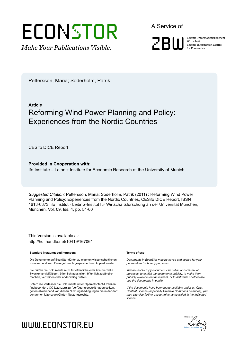 Reforming Wind Power Planning and Policy: Experiences from the Nordic Countries