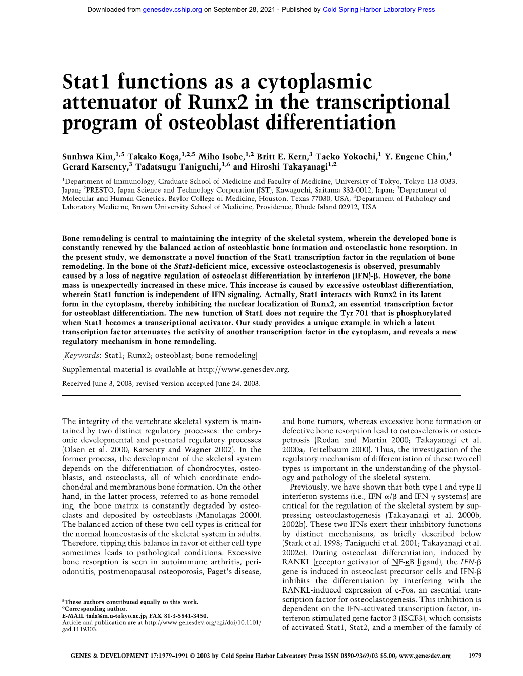 Stat1 Functions As a Cytoplasmic Attenuator of Runx2 in the Transcriptional Program of Osteoblast Differentiation