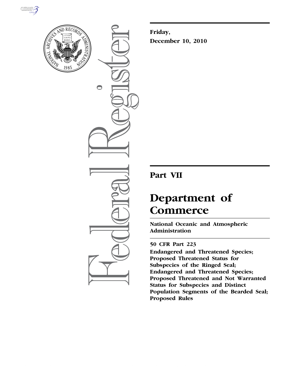 Department of Commerce National Oceanic and Atmospheric Administration