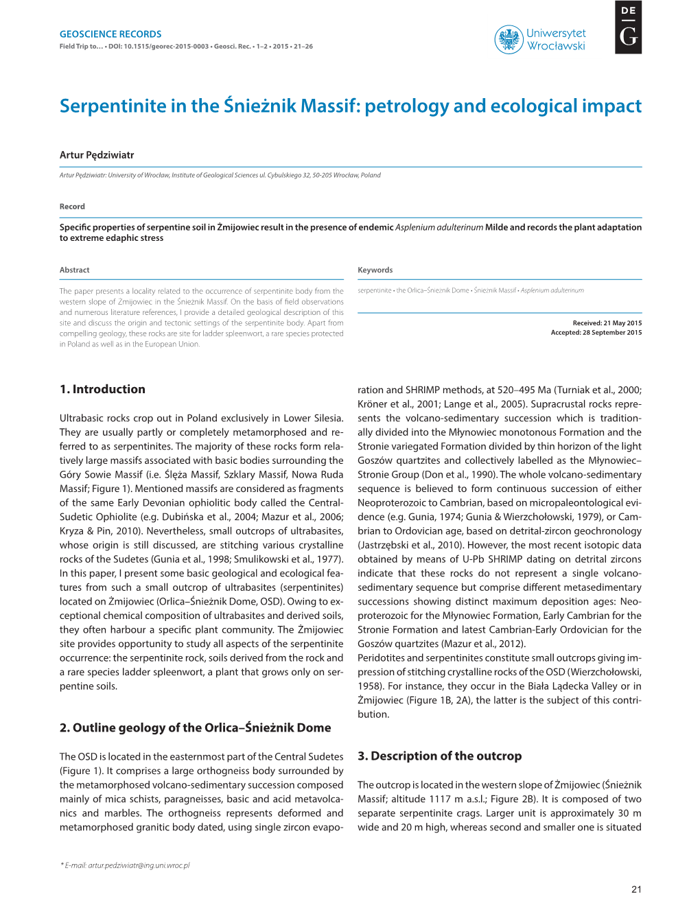 Serpentinite in the Śnieżnik Massif: Petrology and Ecological Impact