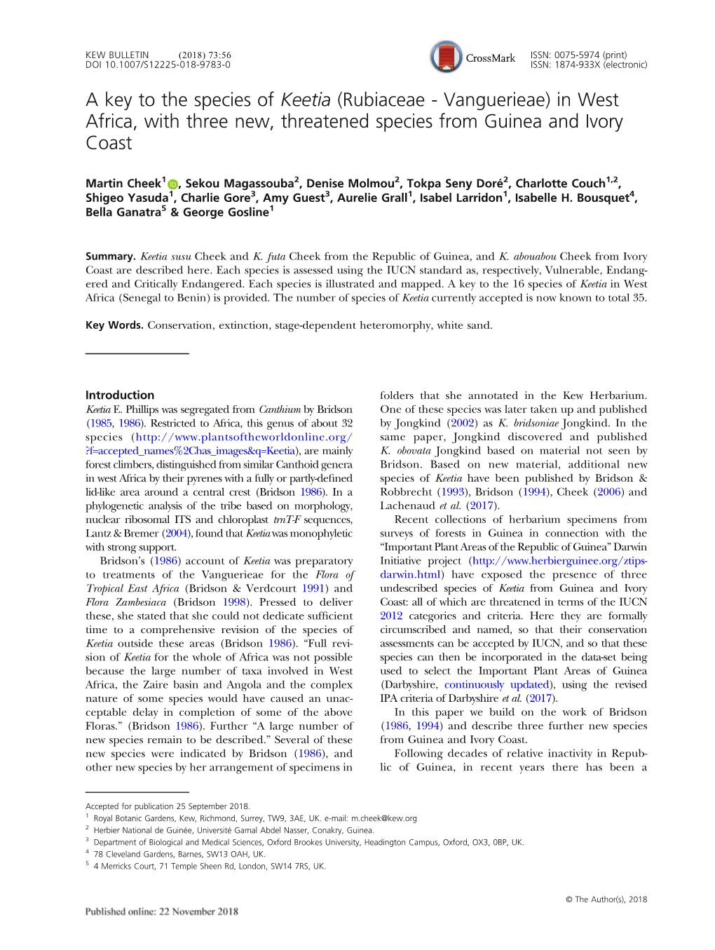 A Key to the Species of Keetia (Rubiaceae - Vanguerieae) in West Africa, with Three New, Threatened Species from Guinea and Ivory Coast