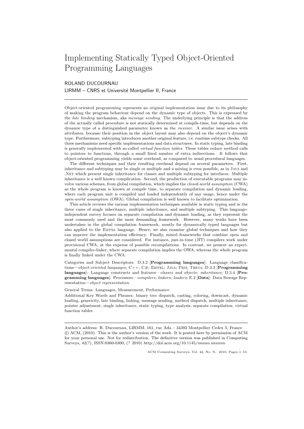 Implementing Statically Typed Object-Oriented Programming Languages