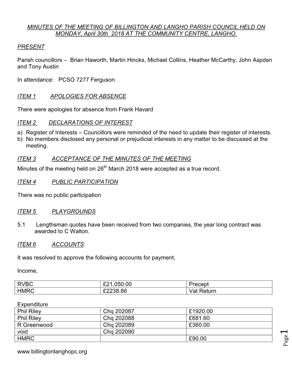 Minutes of the Meetingof Billington and Langho Parish Council Held on November 2002 at the Community Centre, Langho