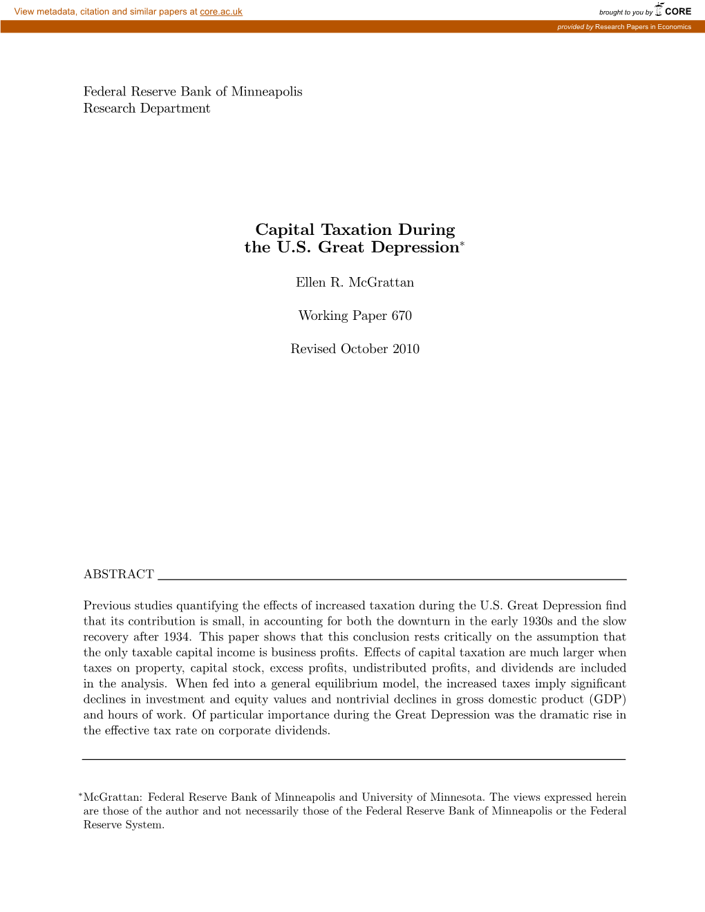 Capital Taxation During the U.S. Great Depression∗