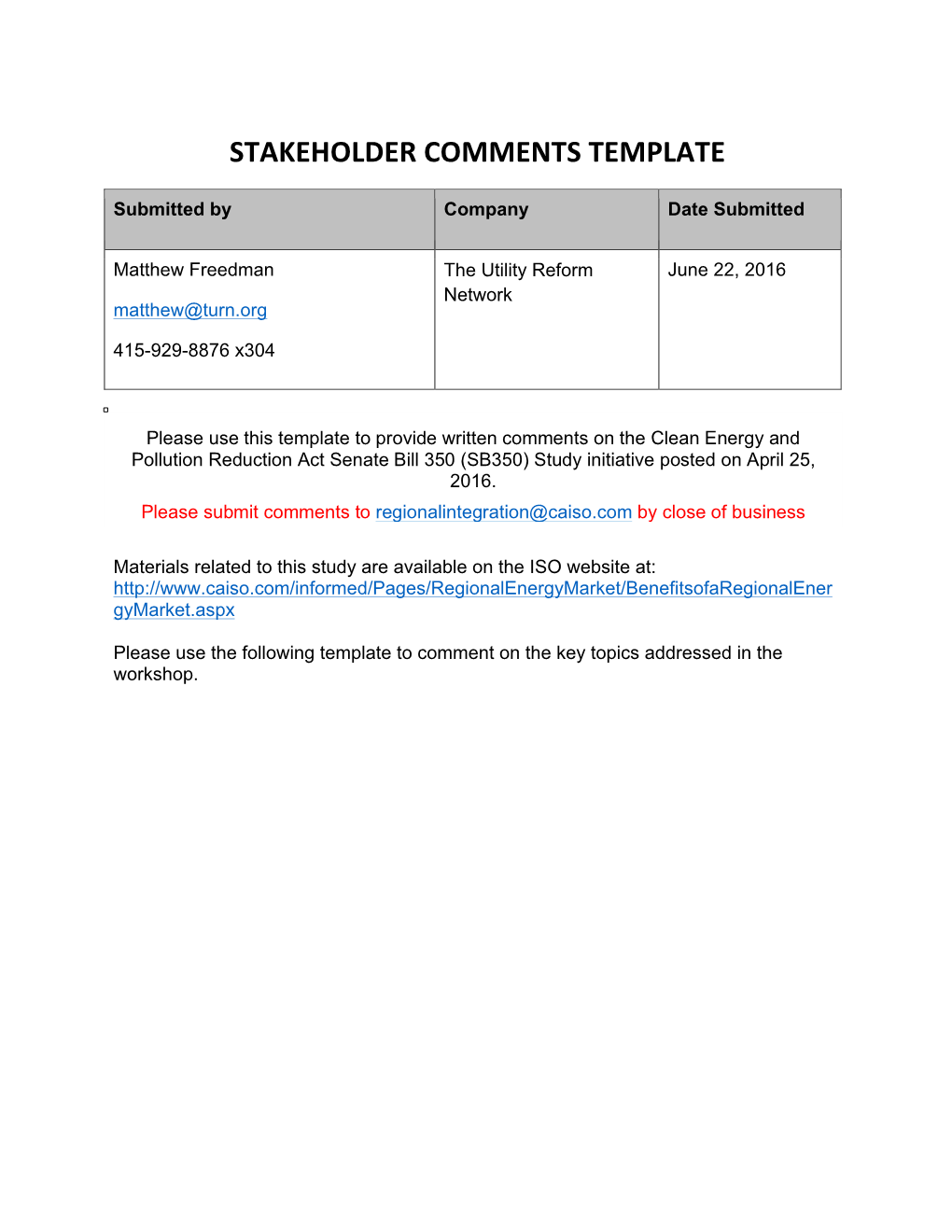 Stakeholder Comments Template