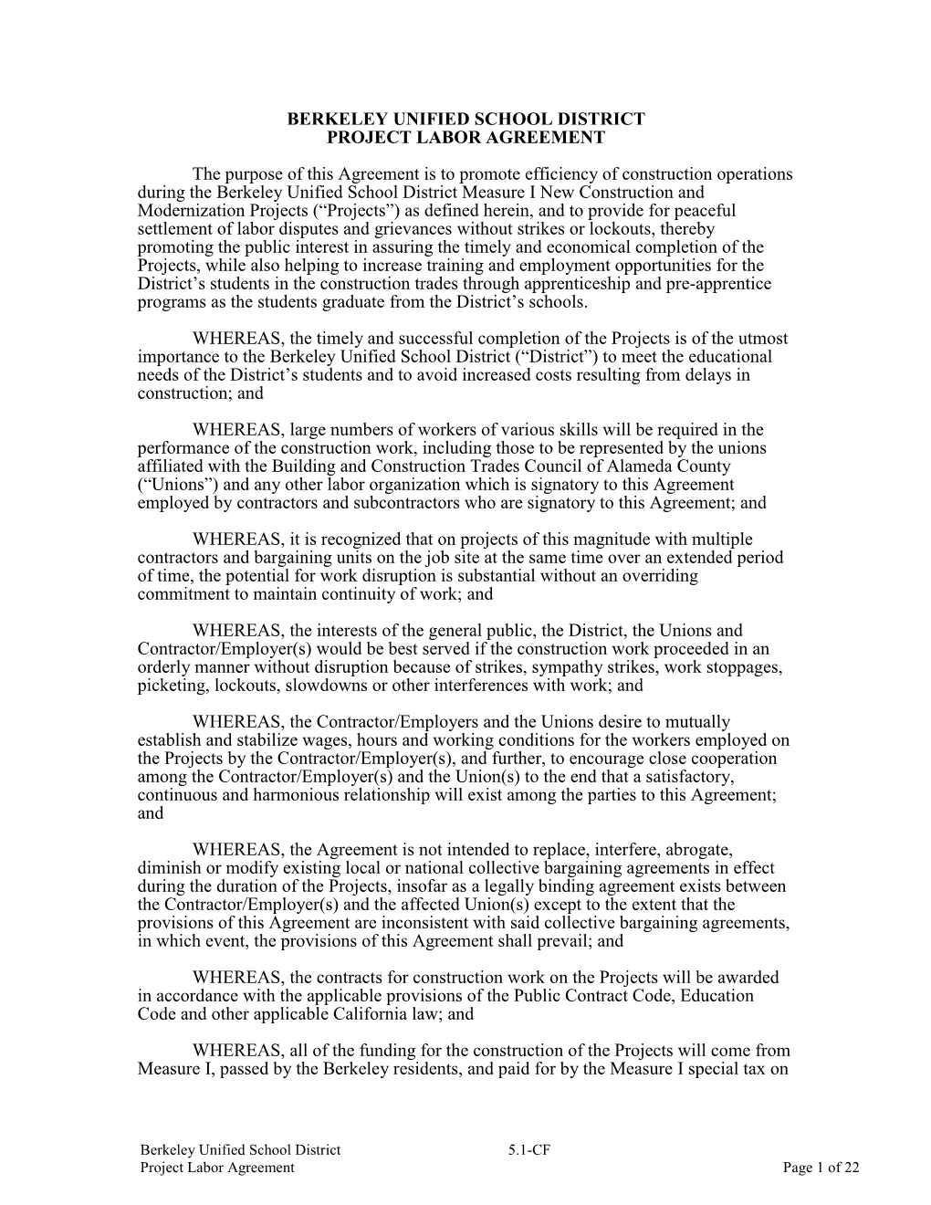 Berkeley Unified School District Project Labor Agreement 2011 Measure I