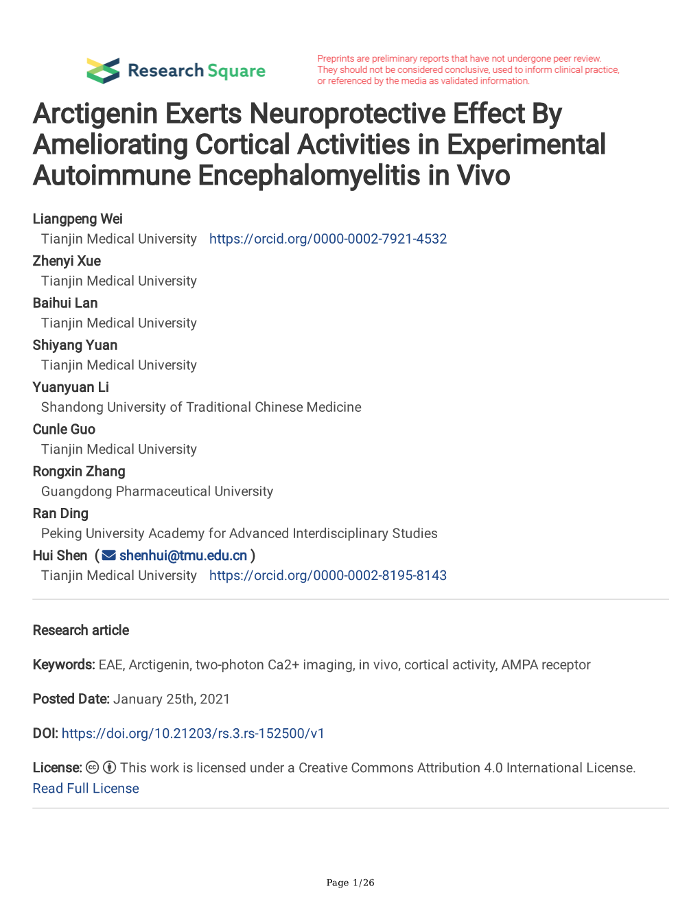 Arctigenin Exerts Neuroprotective Effect by Ameliorating Cortical Activities in Experimental Autoimmune Encephalomyelitis in Vivo