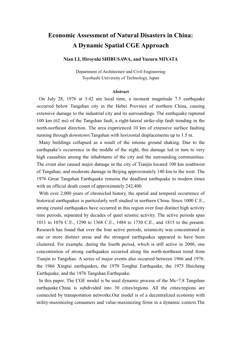 Economic Assessment of Natural Disasters in China: a Dynamic Spatial CGE Approach