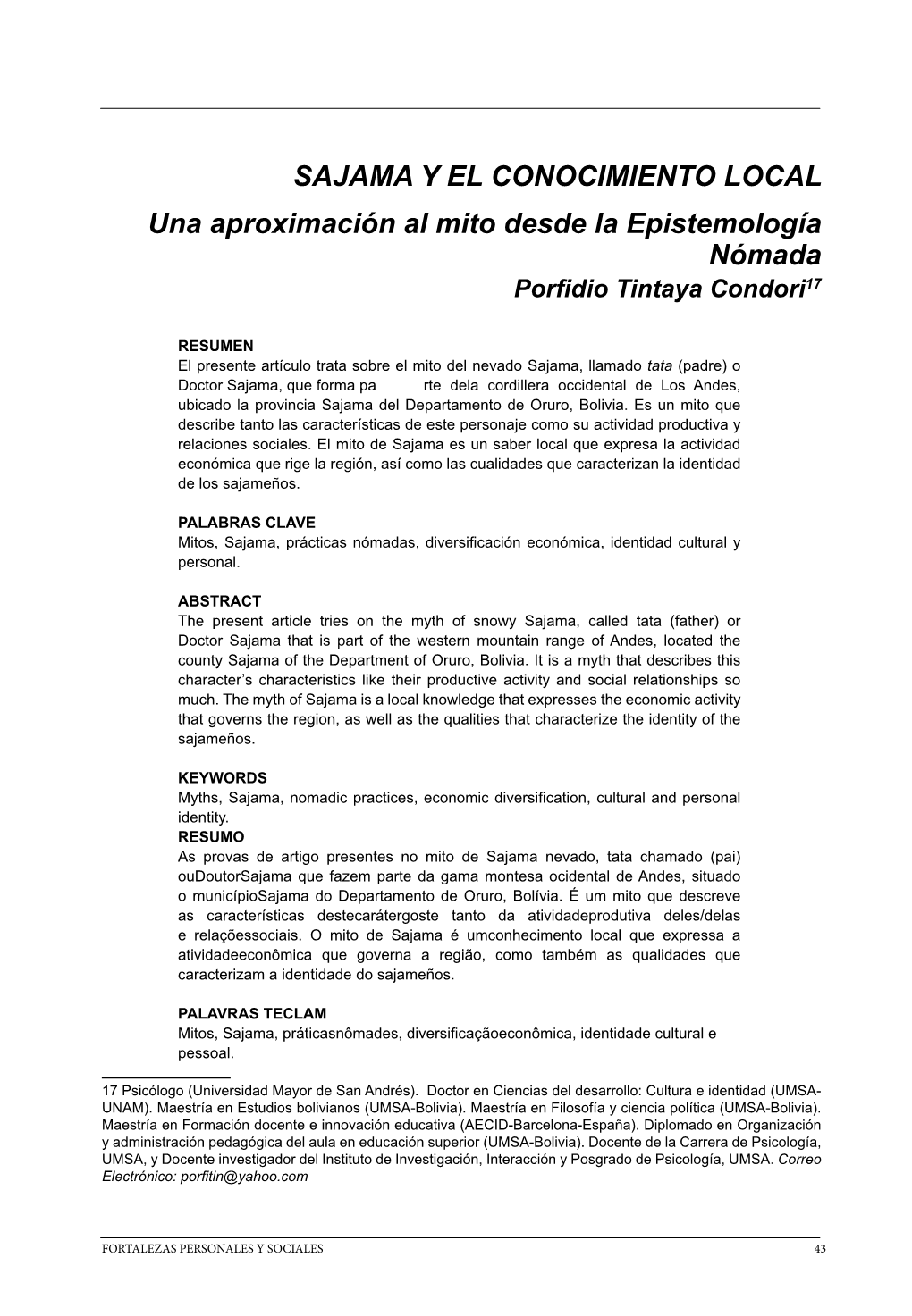 SAJAMA Y EL CONOCIMIENTO LOCAL Una Aproximación Al Mito Desde La Epistemología Nómada Porfidio Tintaya Condori17