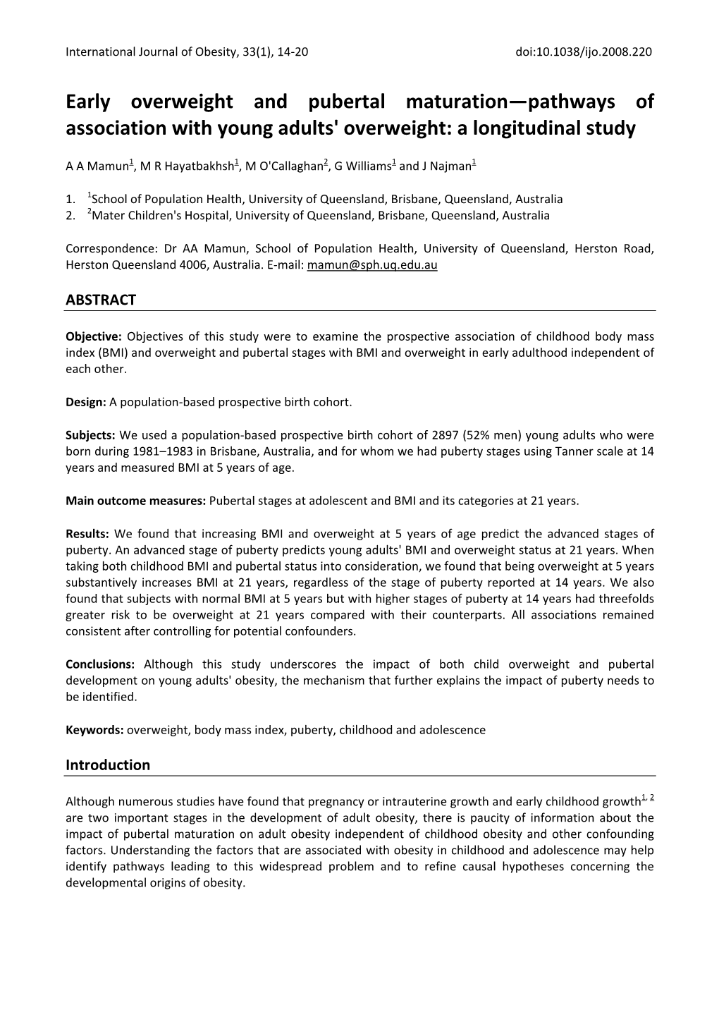 Early Overweight and Pubertal Maturation—Pathways of Association with Young Adults' Overweight: a Longitudinal Study