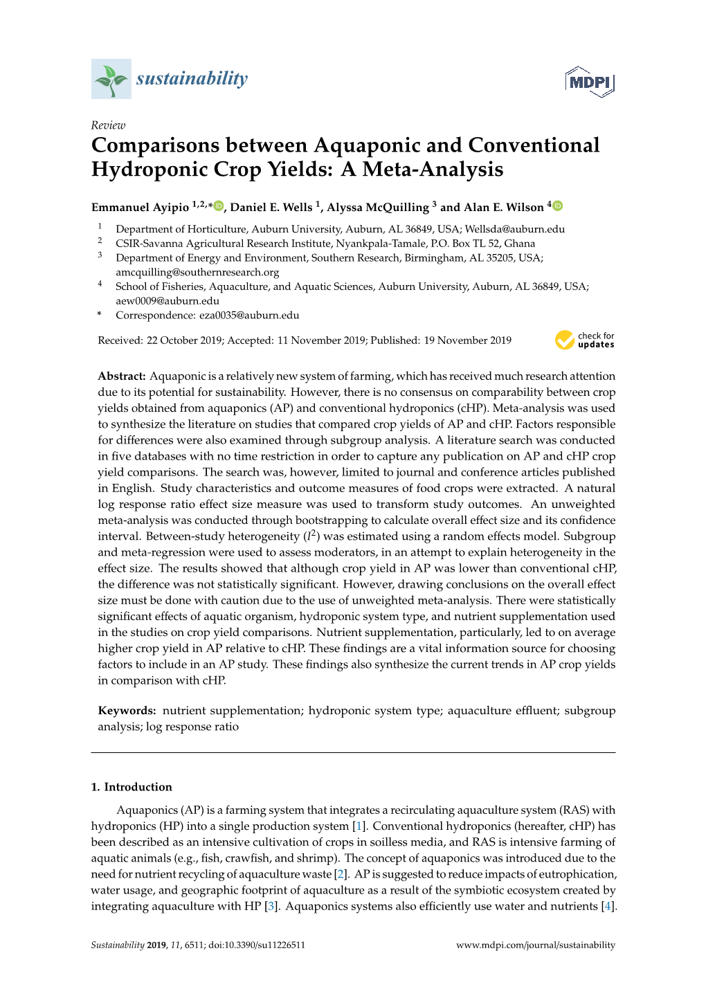 Comparisons Between Aquaponic and Conventional Hydroponic Crop Yields: a Meta-Analysis