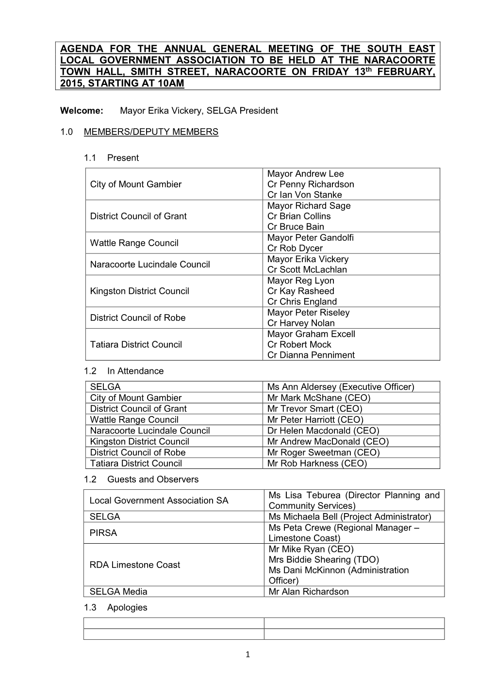 Agenda for the Annual General Meeting of the South East Local Government Association to Be Held at the Naracoorte Town Hall