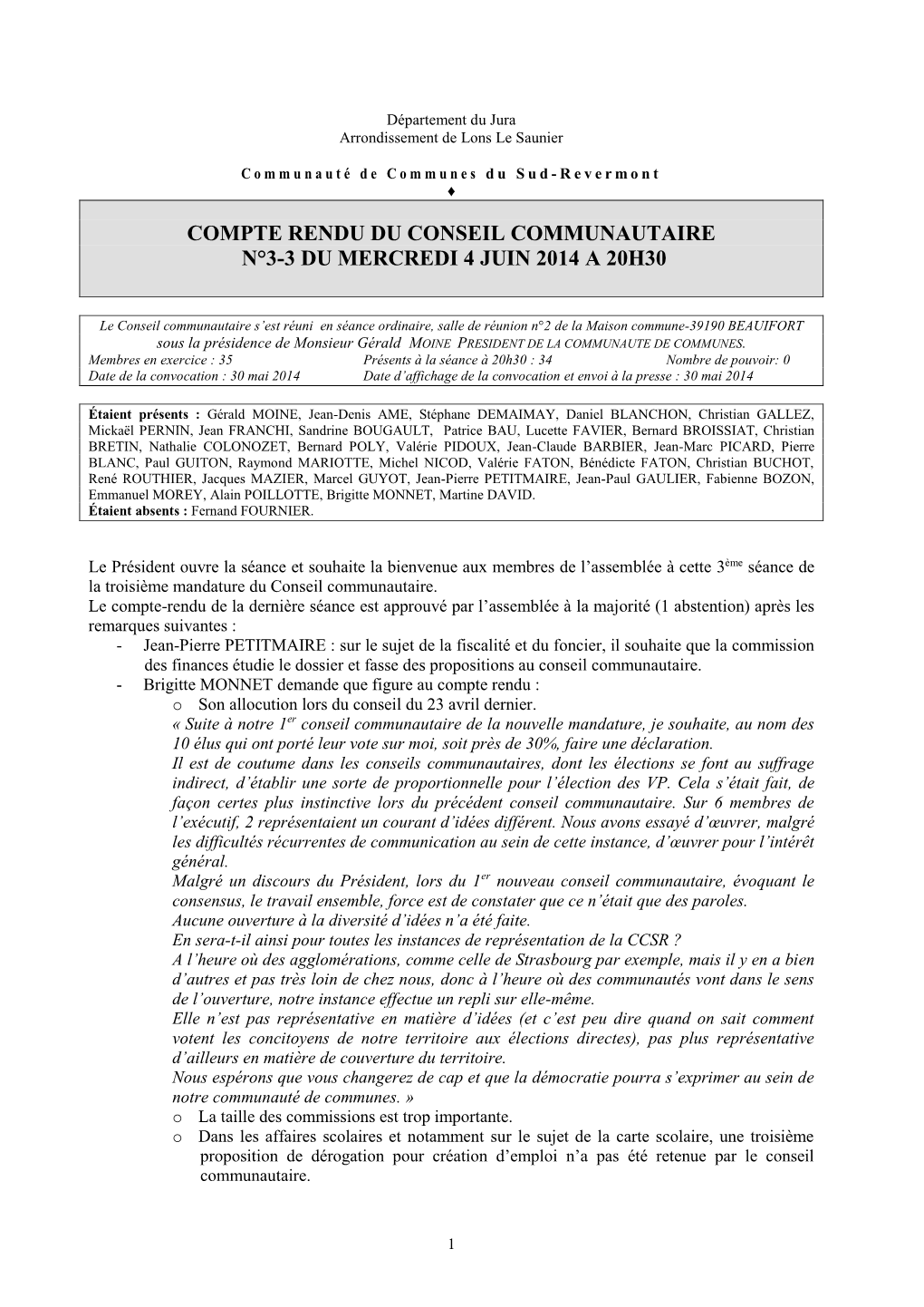 Compte Rendu Du Conseil Communautaire N°3-3 Du Mercredi 4 Juin 2014 a 20H30