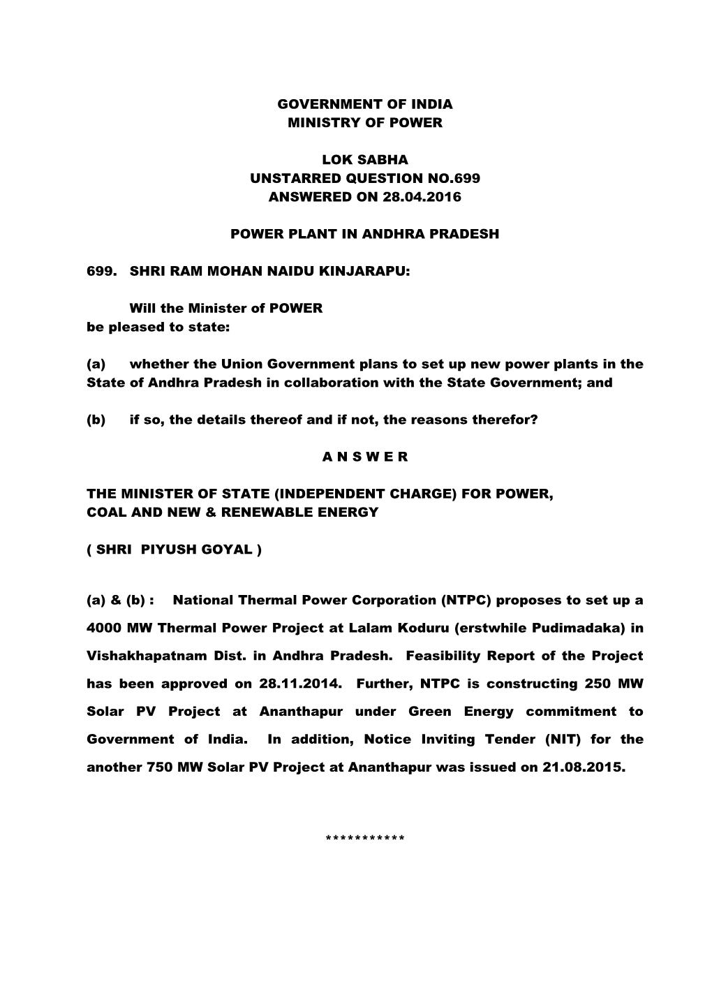 Government of India Ministry of Power Lok Sabha