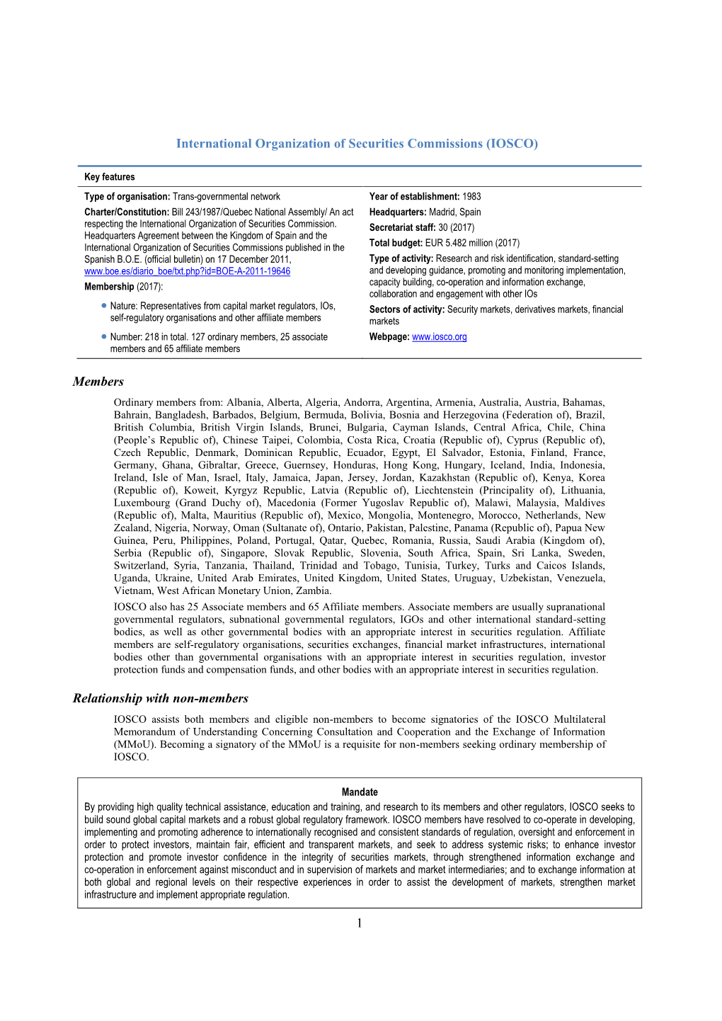 1 International Organization of Securities Commissions (IOSCO