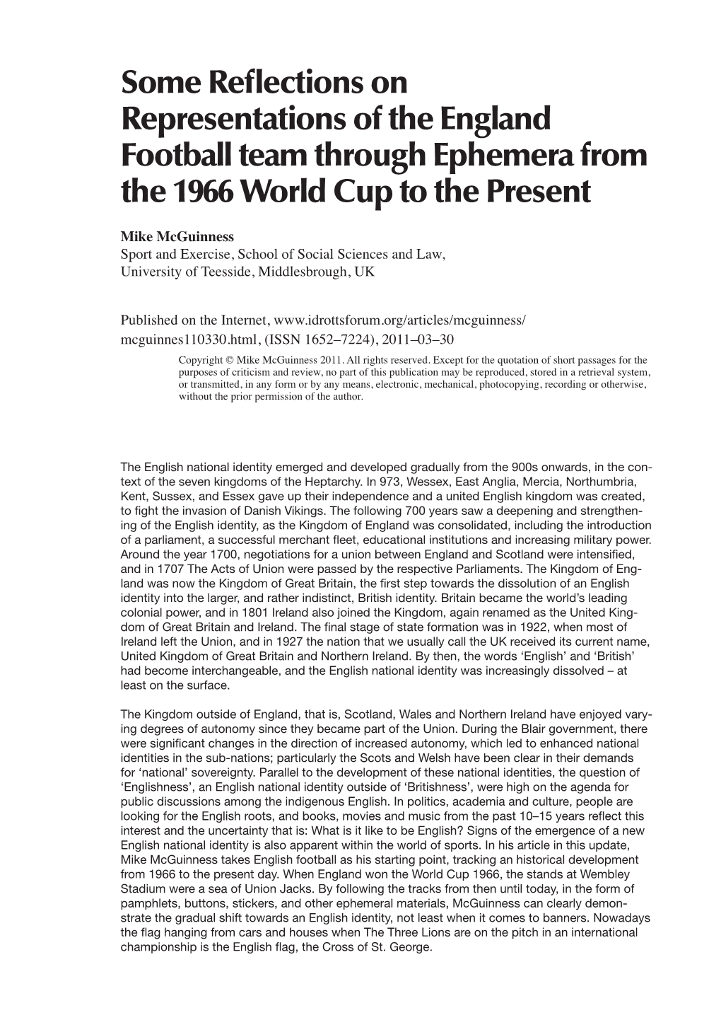 Some Reflections on Representations of the England Football Team Through Ephemera from the 1966 World Cup to the Present