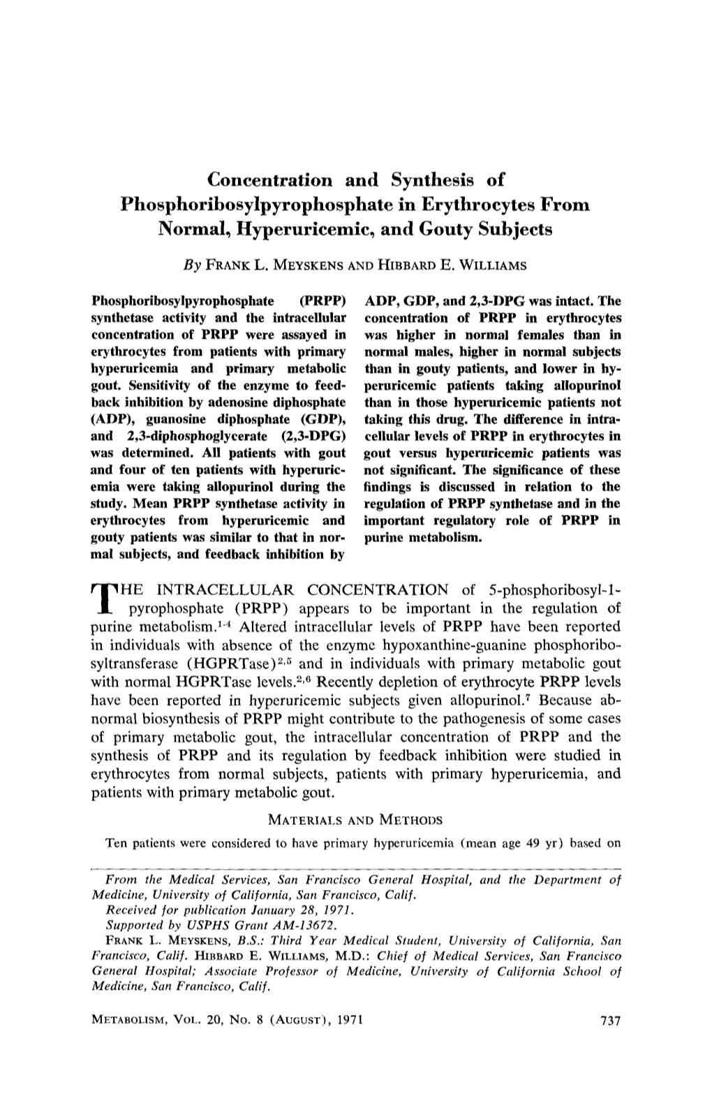 Concentration and Synthesis of Phosphoribosylpyrophosphate in Erythrocytes from Normal, Hyperuricemic, and Gouty Subjects