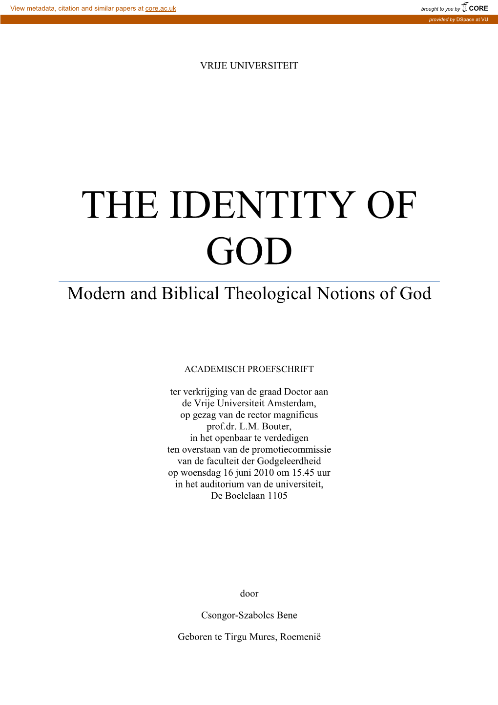 THE IDENTITY of GOD Modern and Biblical Theological Notions of God