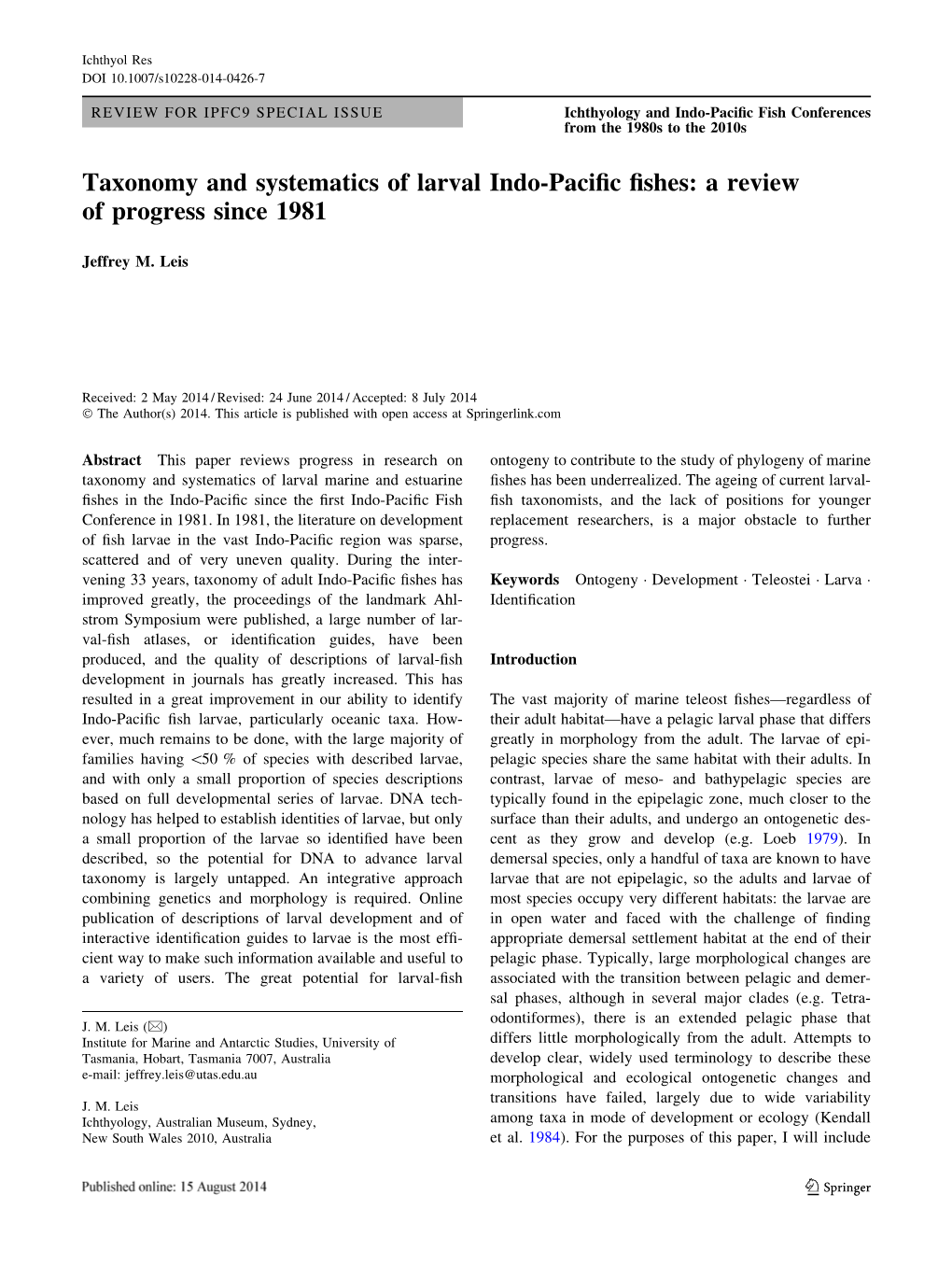 Taxonomy and Systematics of Larval Indo-Pacific Fishes