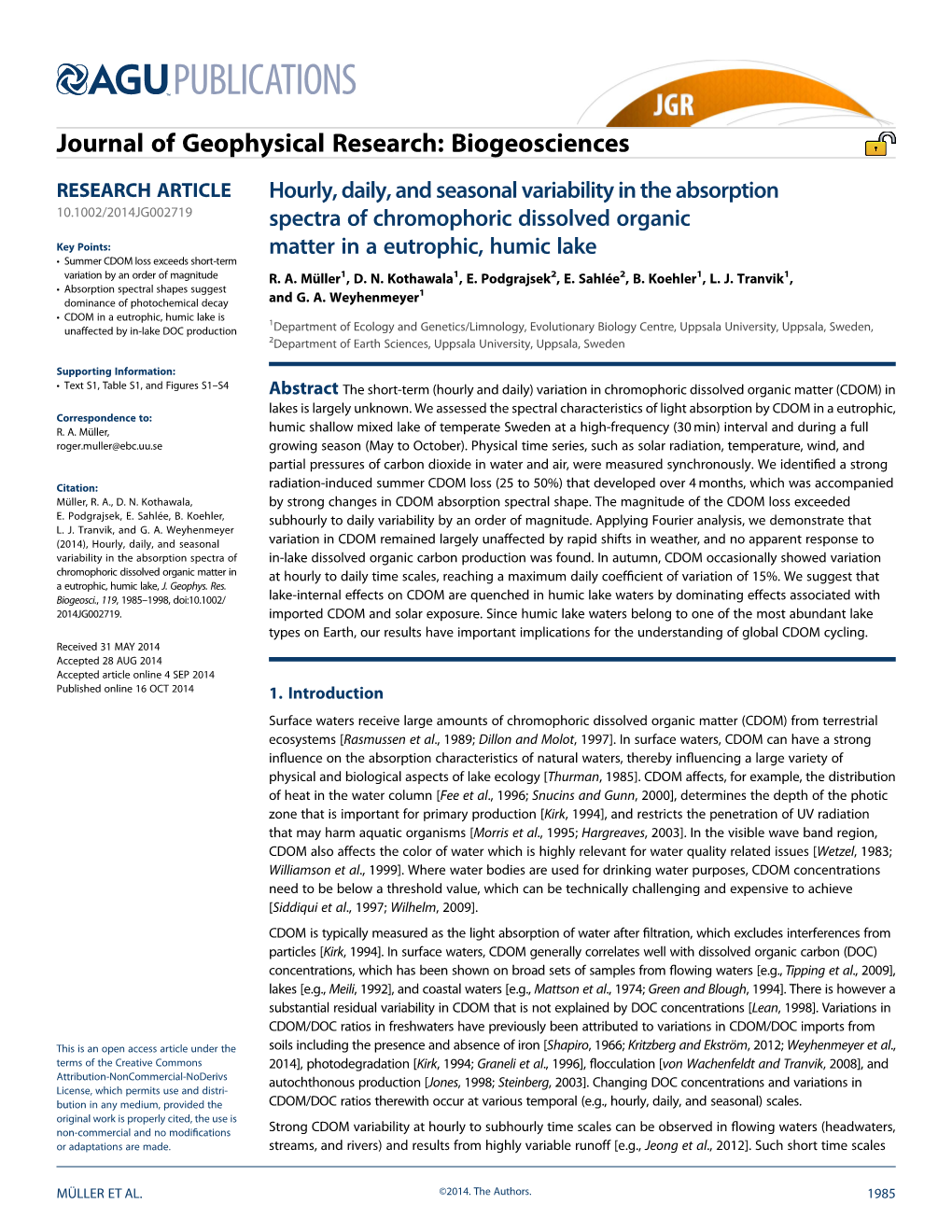 Hourly, Daily, and Seasonal Variability in the Absorption Spectra of CDOM Is Available