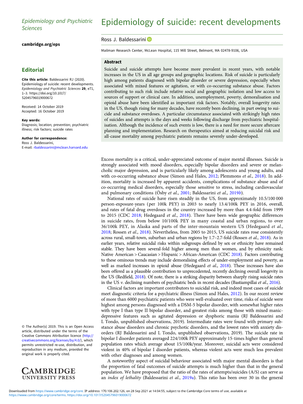 Epidemiology of Suicide: Recent Developments Sciences