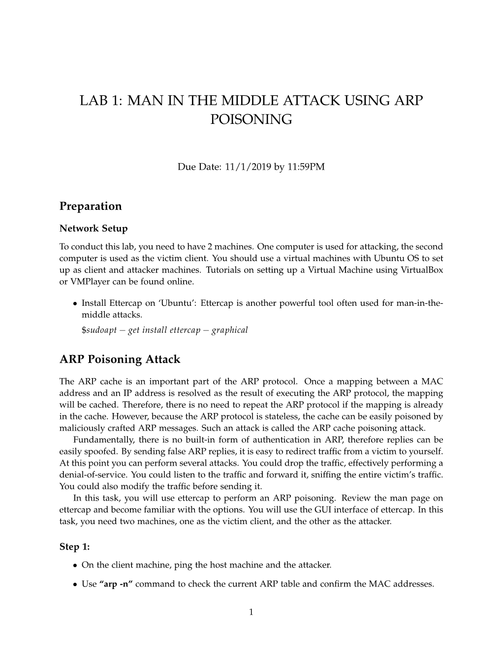 Lab 1: Man in the Middle Attack Using Arp Poisoning