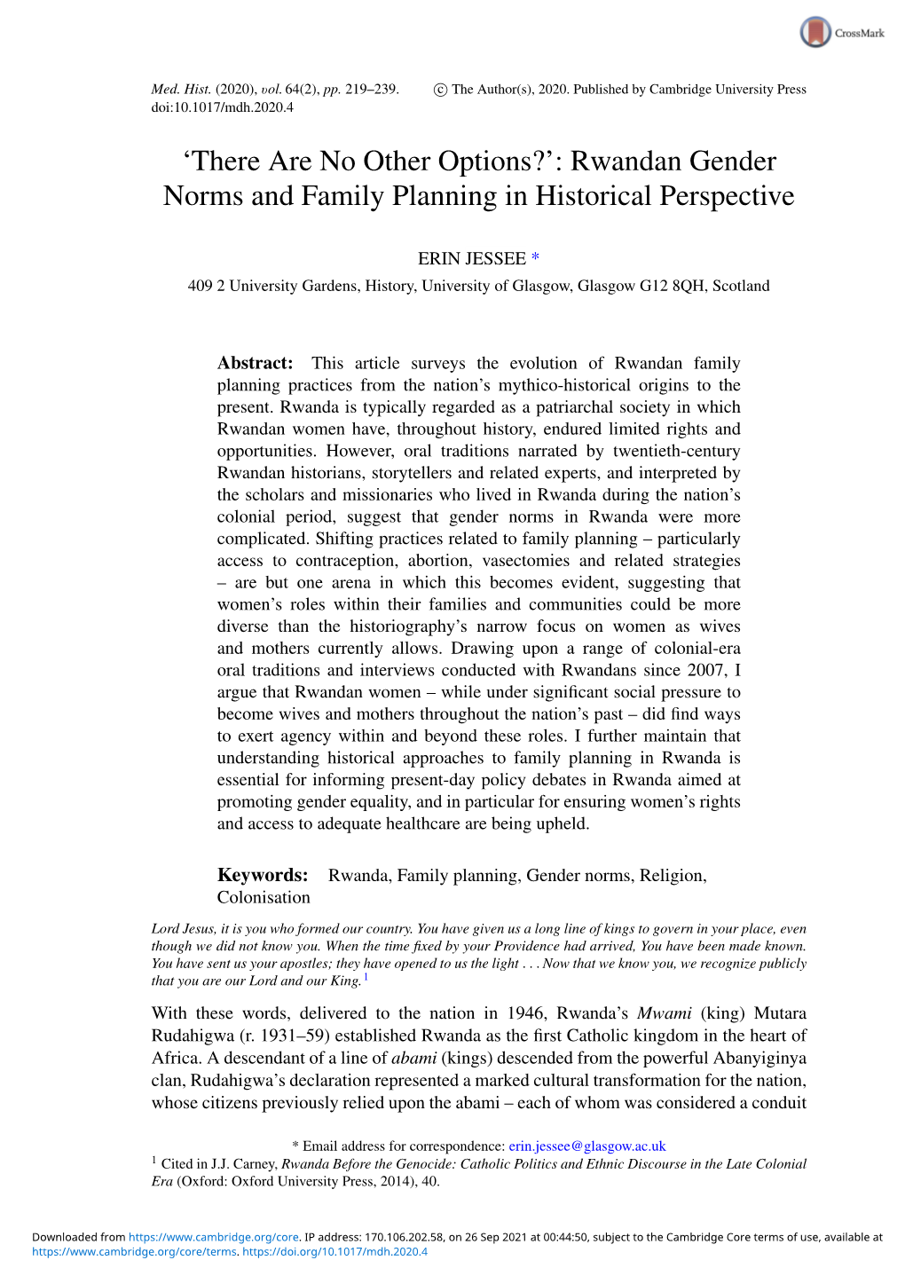 'There Are No Other Options?': Rwandan Gender Norms and Family Planning in Historical Perspective