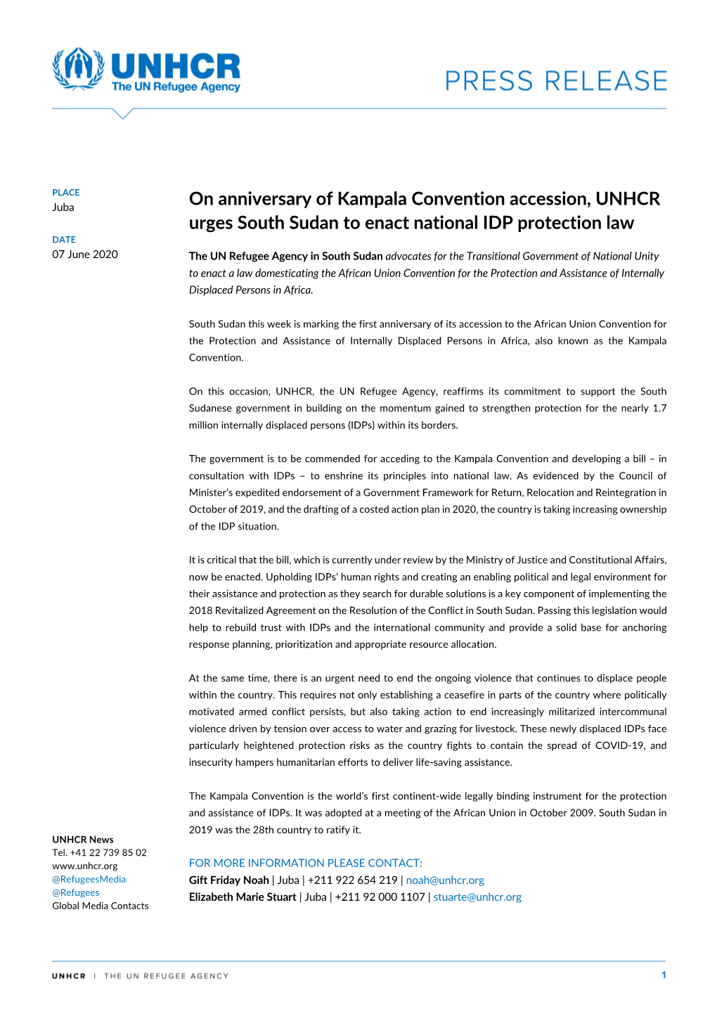 On Anniversary of Kampala Convention Accession, UNHCR Urges South Sudan to Enact National IDP Protection