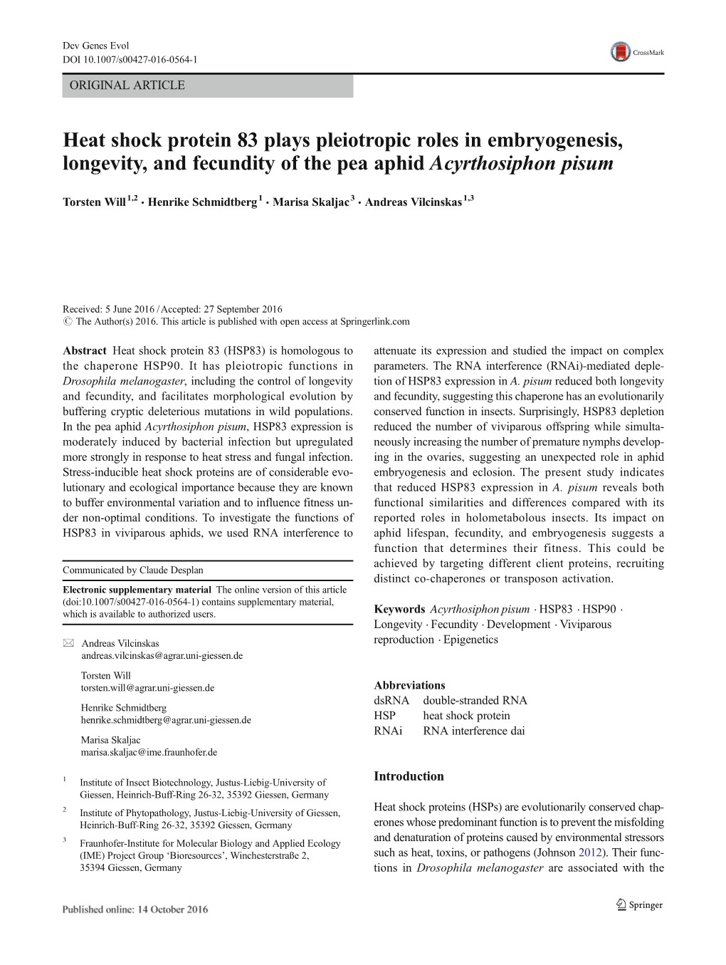 Heat Shock Protein 83 Plays Pleiotropic Roles in Embryogenesis, Longevity, and Fecundity of the Pea Aphid Acyrthosiphon Pisum