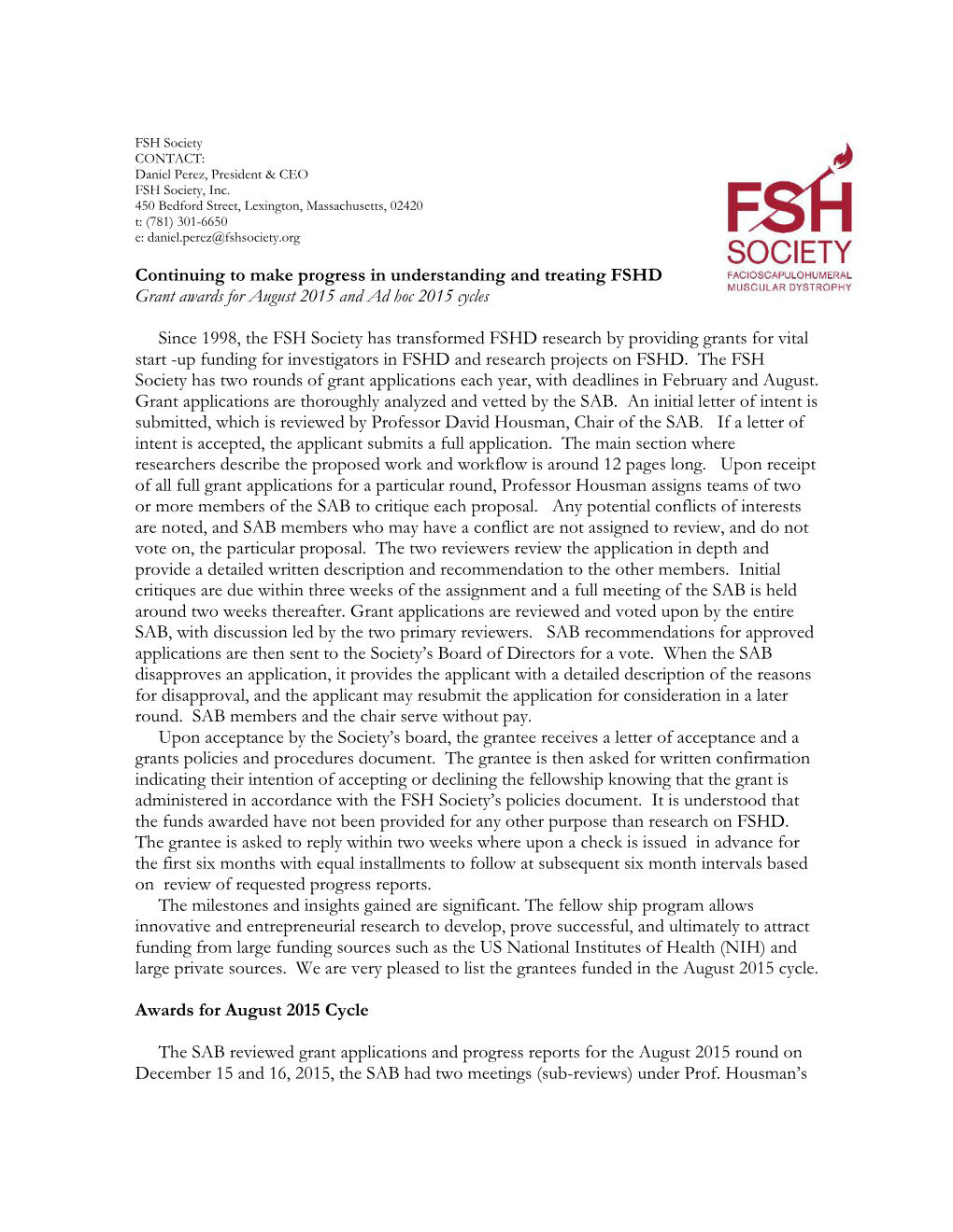 FSH Society Grants Awarded August 2015 Cycle