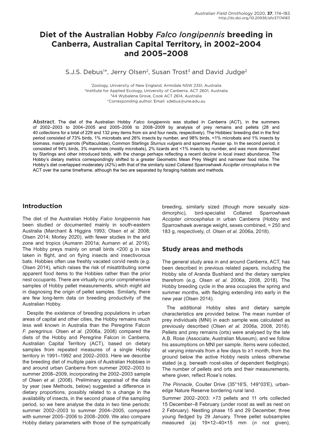 Diet of the Australian Hobby Falco Longipennis Breeding in Canberra, Australian Capital Territory, in 2002–2004 and 2005–2008