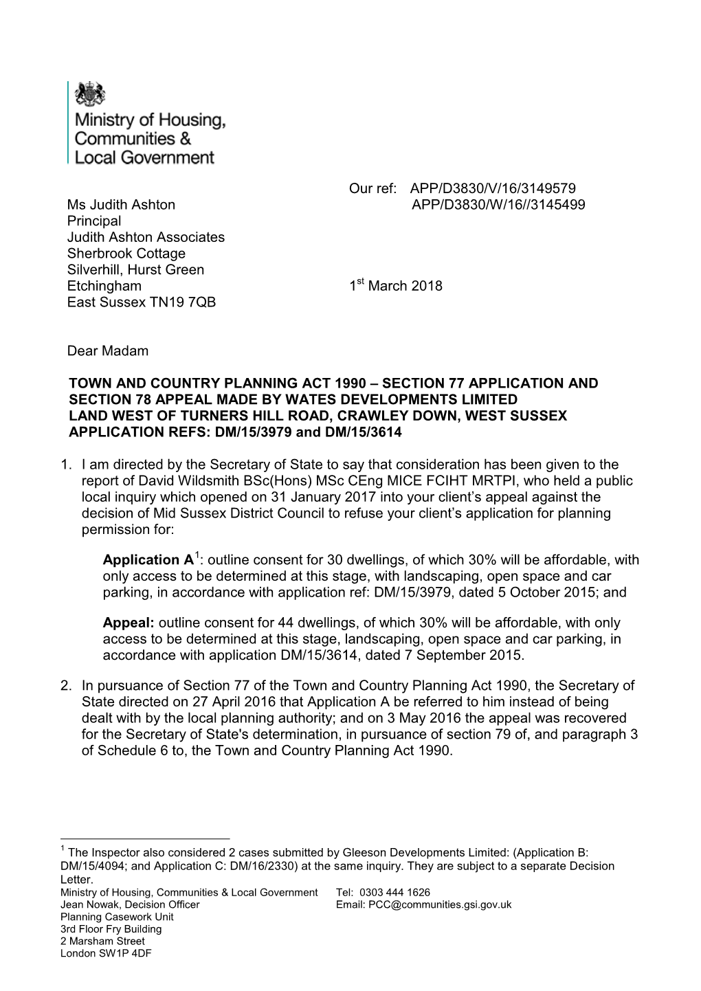 LAND WEST of TURNERS HILL ROAD, CRAWLEY DOWN, WEST SUSSEX APPLICATION REFS: DM/15/3979 and DM/15/3614