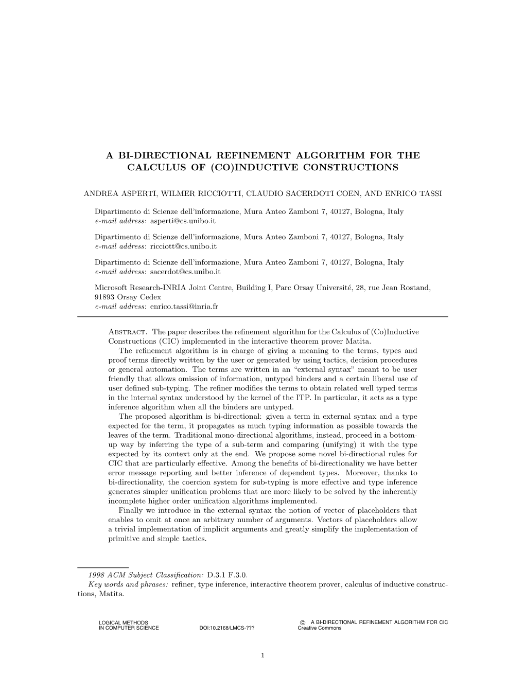 A Bi-Directional Refinement Algorithm for the Calculus of (Co)Inductive Constructions