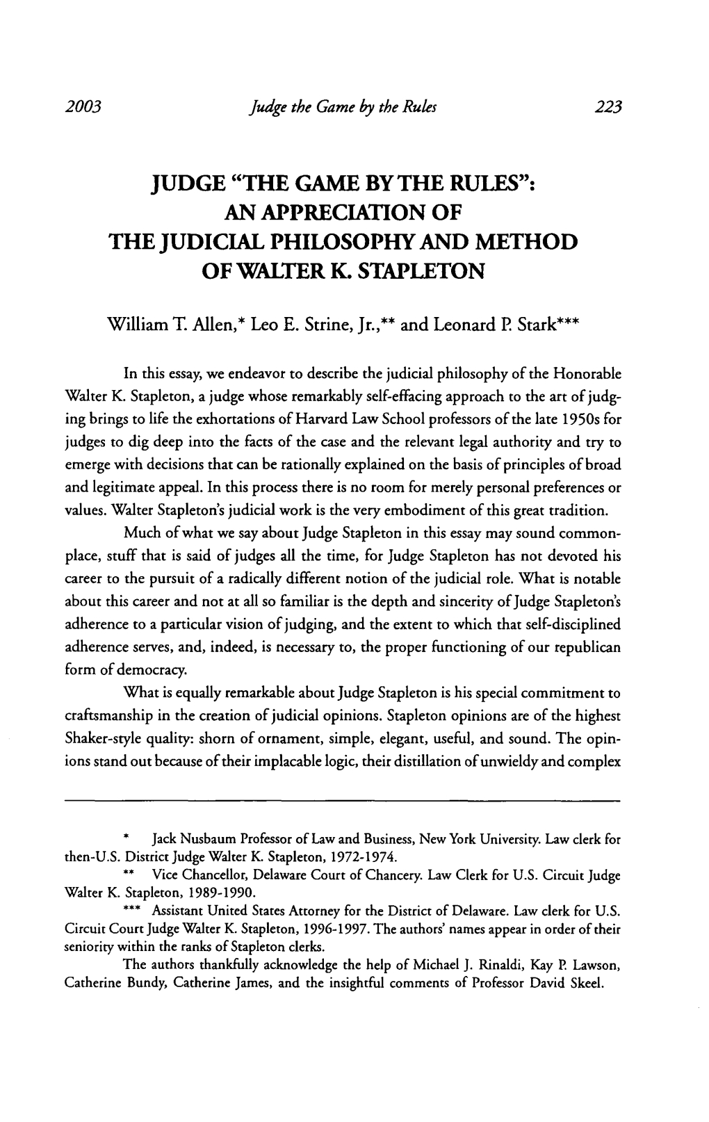 Judge "The Game by the Rules": an Appreciation of the Judicial Philosophy and Method of Walter K