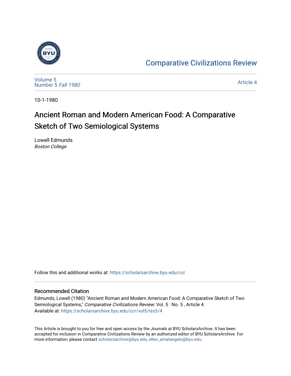 Ancient Roman and Modern American Food: a Comparative Sketch of Two Semiological Systems