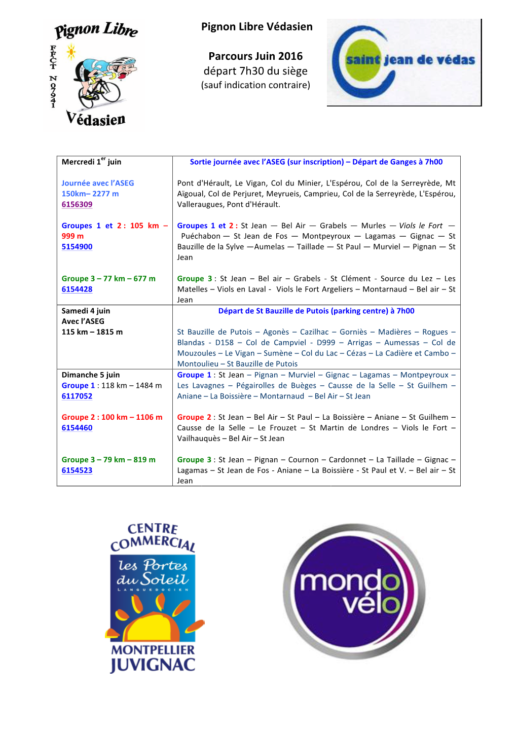 Pignon Libre Védasien Parcours Juin 2016 Départ 7H30 Du Siège