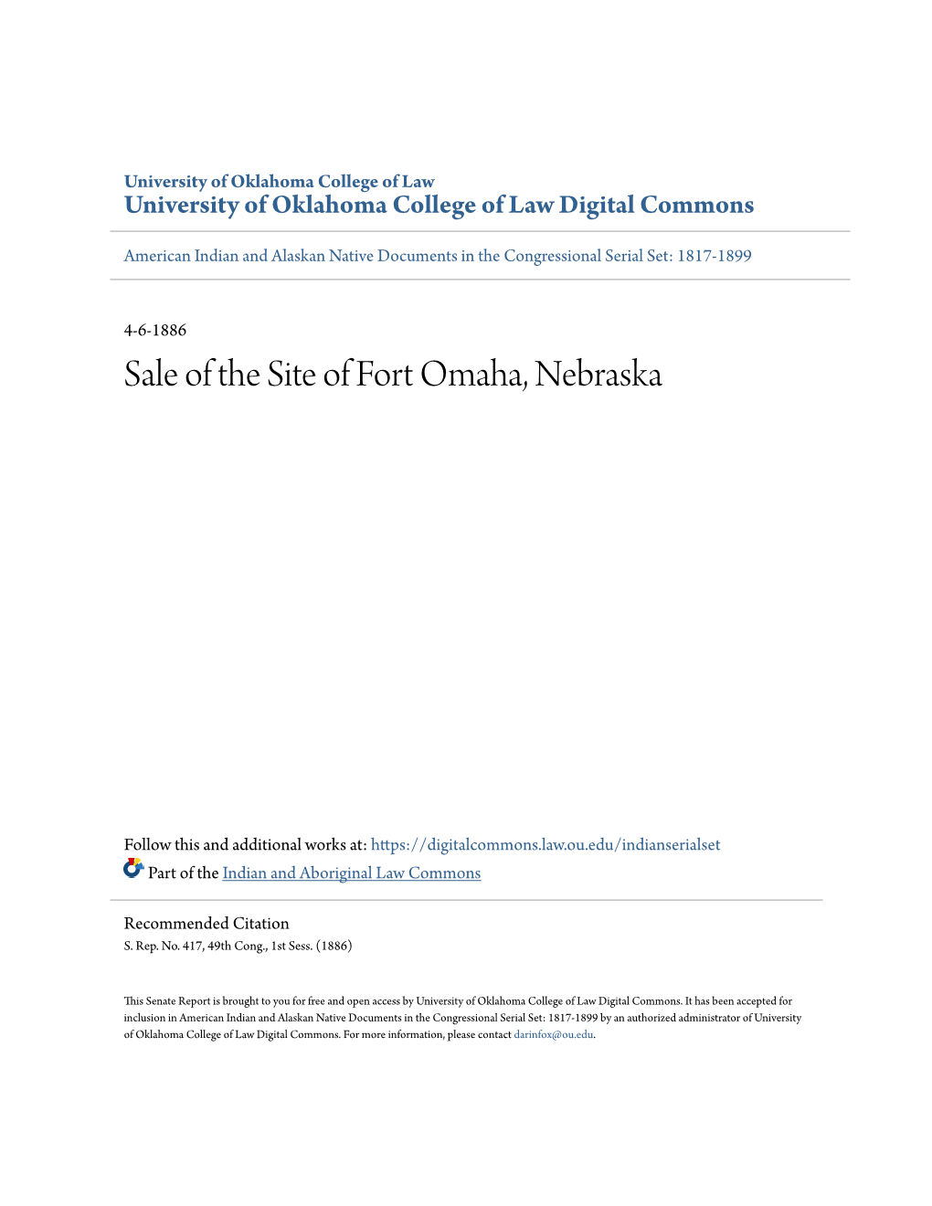 Sale of the Site of Fort Omaha, Nebraska