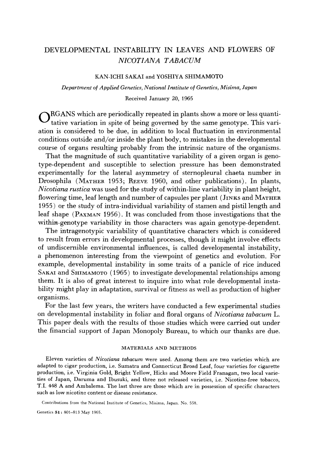 Developmental Instability in Leaves and Flowers of Nicotiana Tabacum